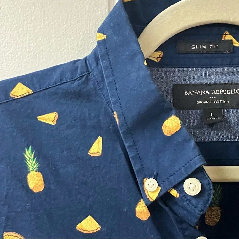 Banana Republic Pineapple Print Organic Cotton Shirt Mens Large Slim Fit Navy